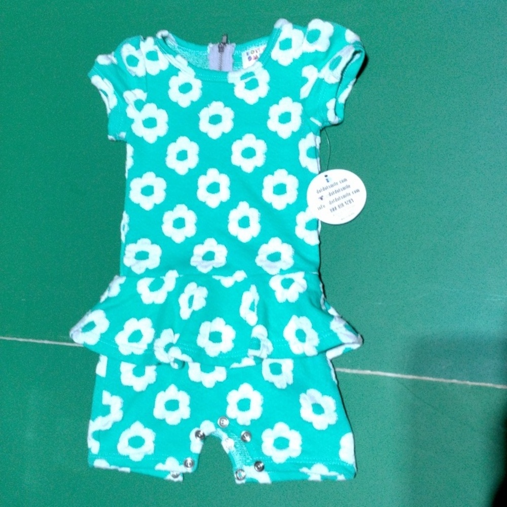 Dot Dot Smile - Green Floral Peplum-Skirted Romper infant Size 6-12 Months NWT